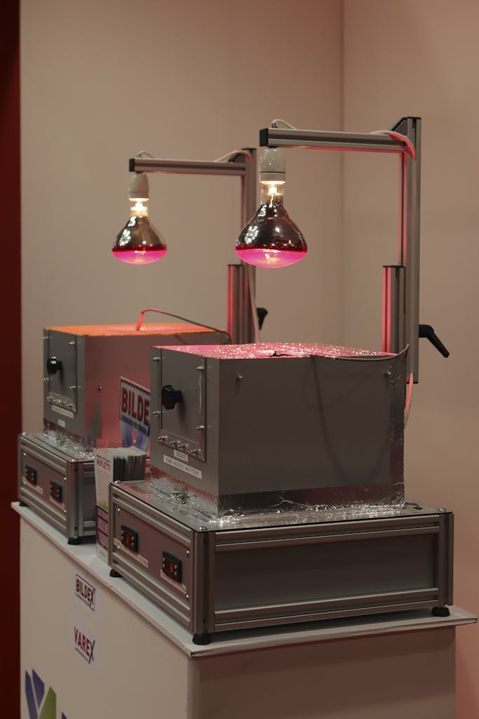 Close-up of industrial machines with red heat lamps, suitable for food preparation.