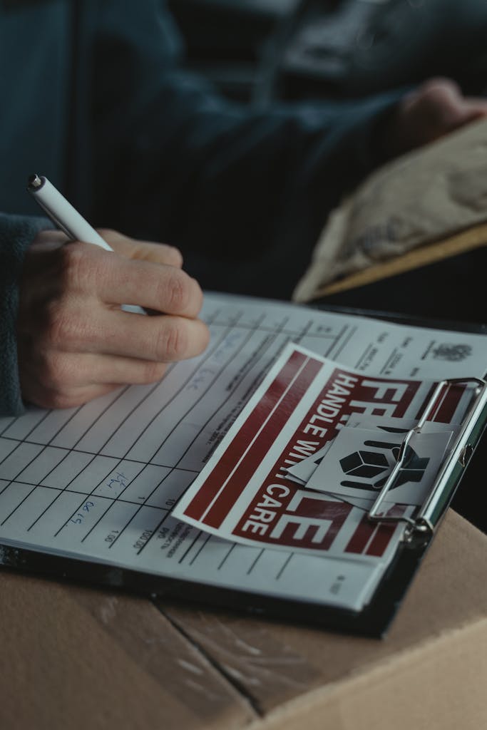 Person writing on clipboard with fragile sticker, emphasizing logistics documentation.